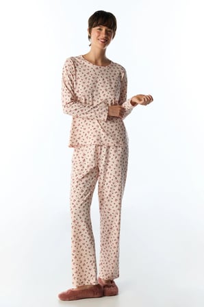 Açık Pembe Petal Çiçekli Uzun Kollu Pantolon Pijama Takımı