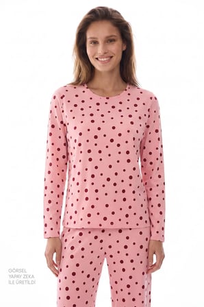 Pembe Berry Puantiye Desenli Uzun Kollu Pijama Takımı