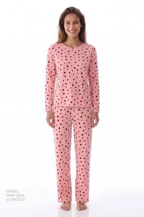 Pembe Berry Puantiye Desenli Uzun Kollu Pijama Takımı