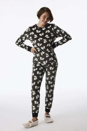 Haki Cute Bunny Fuzzy Pantolon Uzun Kollu Pijama Takımı