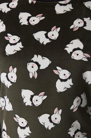 Haki Cute Bunny Fuzzy Pantolon Uzun Kollu Pijama Takımı