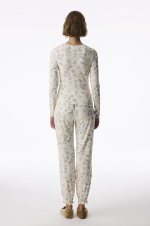 Ekru Bloom Çiçekli Uzun Kollu Pantolon Pijama Takımı