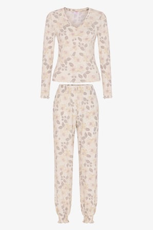 Ekru Bloom Çiçekli Uzun Kollu Pantolon Pijama Takımı