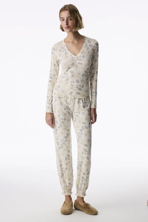 Ekru Bloom Çiçekli Uzun Kollu Pantolon Pijama Takımı