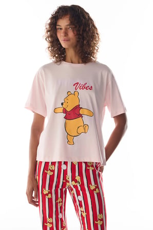 Pembe Monday Vibes Ayı Desenli Pantolon Kısa Kollu Pijama Takımı
