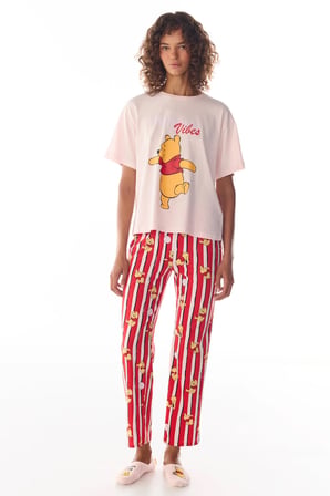 Pembe Monday Vibes Ayı Desenli Pantolon Kısa Kollu Pijama Takımı