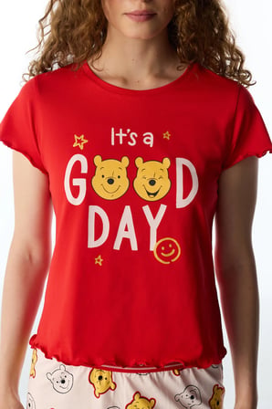 Kırmızı Good Day Ayı Desenli Kısa Kollu Şort Pijama Takımı