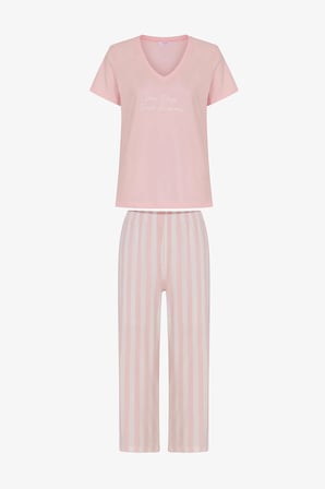 Pembe Slow Days Çizgili Kısa Kollu Kapri Pijama Takımı