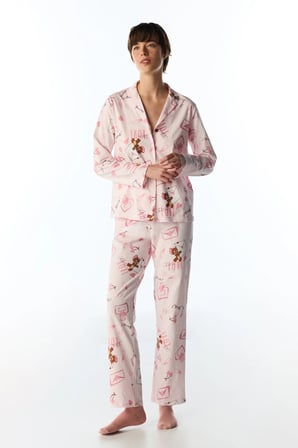 Lila Looney Tunes Happiness Ayı Desenli Uzun Kollu Gömlek Pantolon Pijama Takımı