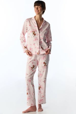 Lila Looney Tunes Happiness Ayı Desenli Uzun Kollu Gömlek Pantolon Pijama Takımı