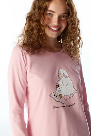 Pembe Rahat Kalp Uzun Kollu Pantolon Pijama Takımı