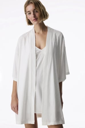 Kırık Beyaz Bridal Flora Saten Çiçekli 3/4 Kollu Sabahlık