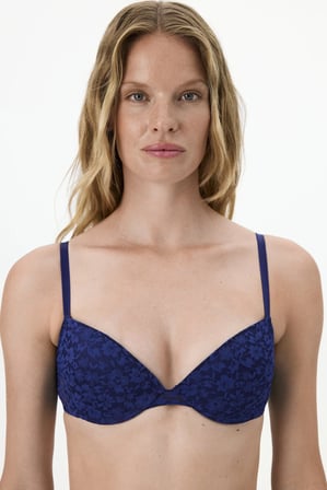 Lacivert Pleasure Dantel Çiçekli Pedli Push Up Sütyen