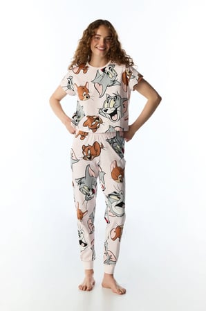Lila Tom&Jerry Kedi Desenli Pantolon Kısa Kollu Pijama Takımı