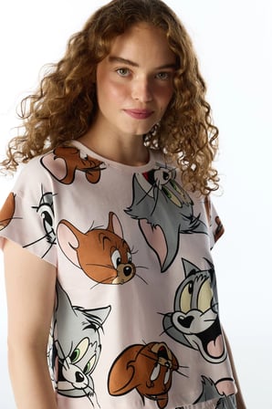 Lila Tom&Jerry Kedi Desenli Pantolon Kısa Kollu Pijama Takımı