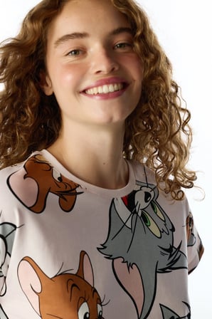 Lila Tom&Jerry Kedi Desenli Pantolon Kısa Kollu Pijama Takımı