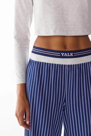 Lacivert Yale Graffiti Desenli Uzun Kollu Pantolon Pijama Takımı