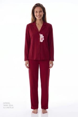 Bordo Happiness Uzun Kollu Gömlek Pantolon Pijama Takımı