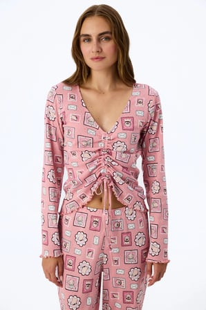 Pembe Postcard Pointel Uzun Kollu Tişört Pijama Üstü
