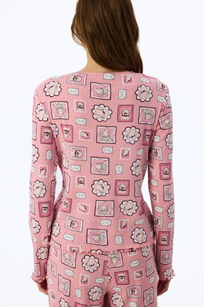 Pembe Postcard Pointel Uzun Kollu Tişört Pijama Üstü