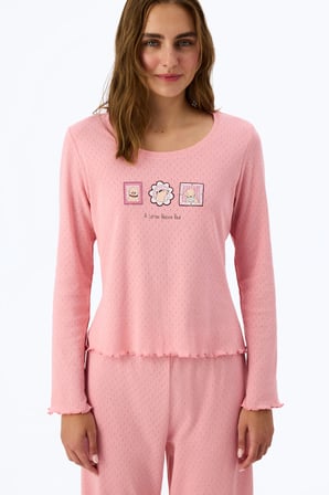 Pembe Dusty Rose Pointel Slogan Desenli Kısa Kollu Tişört Pijama Üstü