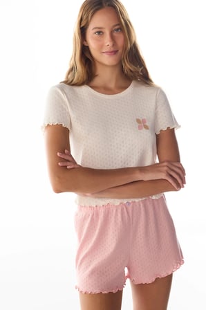 Ekru Sleep Mode Pointel Kısa Kollu Tişört Pijama Üstü