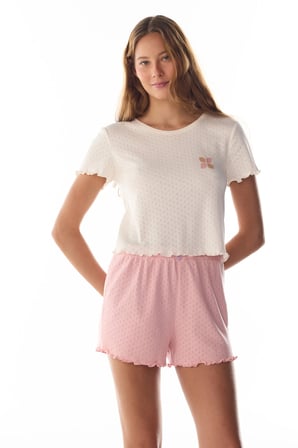 Ekru Sleep Mode Pointel Kısa Kollu Tişört Pijama Üstü