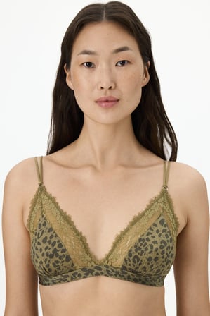 Olive Green Baskılı Micro Dantel Üçgen Leopar Desenli Sütyen