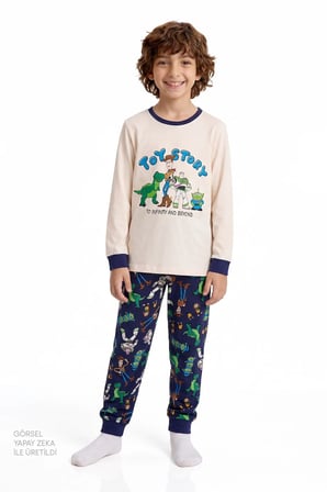 Erkek Çocuk Ekru Toy Story Pamuklu Kısa Kollu Pijama Takımı