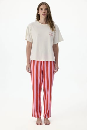 Mercan Rengi Lazy Çizgili Kısa Kollu Pantolon Pijama Takımı