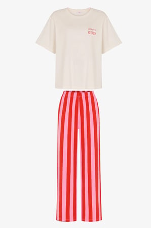 Mercan Rengi Lazy Çizgili Kısa Kollu Pantolon Pijama Takımı
