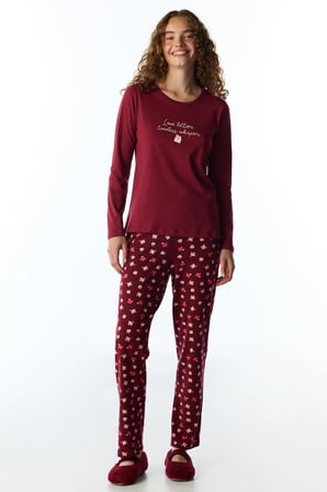 Bordo Letters Kuş Desenli Uzun Kollu Pantolon Pijama Takımı