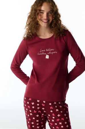 Bordo Letters Kuş Desenli Uzun Kollu Pantolon Pijama Takımı