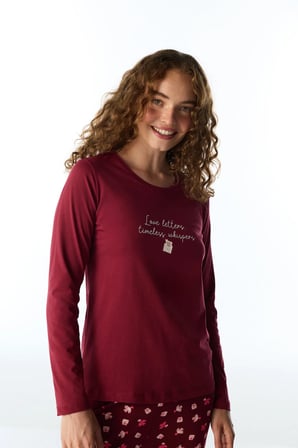 Bordo Letters Kuş Desenli Uzun Kollu Pantolon Pijama Takımı