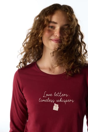 Bordo Letters Kuş Desenli Uzun Kollu Pantolon Pijama Takımı