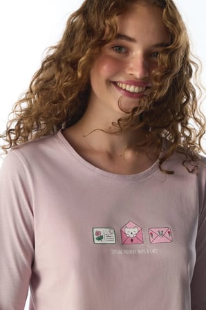 Açık Pembe Naps&cats Kedi Desenli Uzun Kollu Pantolon Pijama Takımı