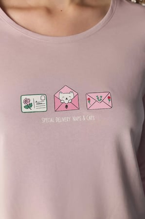 Açık Pembe Naps&cats Kedi Desenli Uzun Kollu Pantolon Pijama Takımı