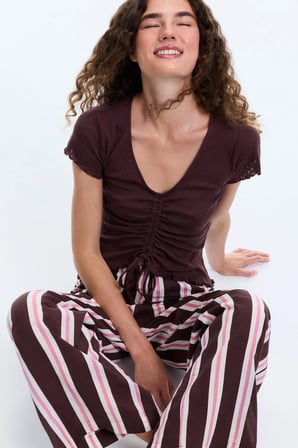 Kahverengi Sleep Mode Çizgili Kısa Kollu Pantolon Pijama Takımı