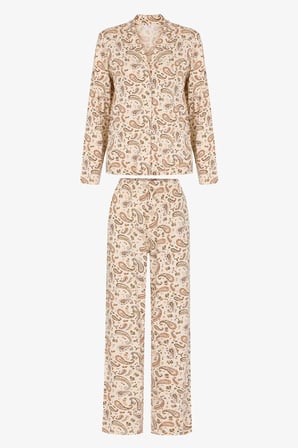 Ekru Margot Baskılı Şal Desenli Uzun Kollu Gömlek Pantolon Pijama Takımı