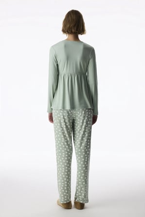 Yeşil Mama Puantiye Desenli Uzun Kollu Pantolon Pijama Takımı