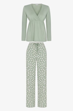 Yeşil Mama Puantiye Desenli Uzun Kollu Pantolon Pijama Takımı