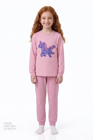 Kız Çocuk Pembe Loving Unicorn Pamuklu Uzun Kollu Pijama Takımı