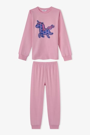 Kız Çocuk Pembe Loving Unicorn Pamuklu Uzun Kollu Pijama Takımı