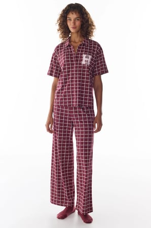 Bordo Harvard Pötikare Desenli Kısa Kollu Gömlek Pantolon Pijama Takımı