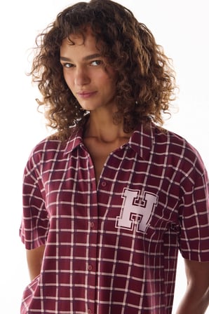 Bordo Harvard Pötikare Desenli Kısa Kollu Gömlek Pantolon Pijama Takımı