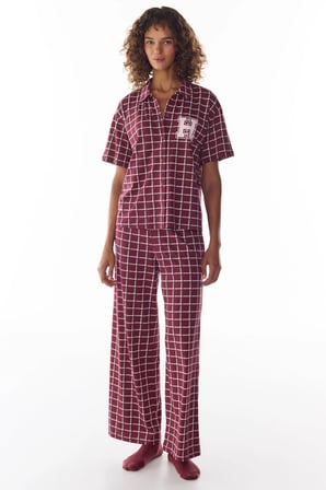 Bordo Harvard Pötikare Desenli Kısa Kollu Gömlek Pantolon Pijama Takımı