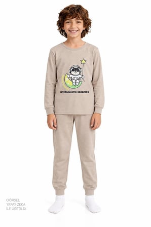 Erkek Çocuk Gri Space Friends Pamuklu Uzun Kollu 2'li Pijama Takımı