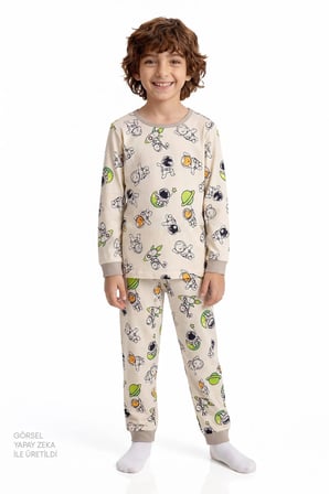 Erkek Çocuk Gri Space Friends Pamuklu Uzun Kollu 2'li Pijama Takımı