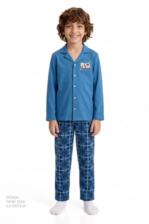 Erkek Çocuk Mavi Book Lovers Ekoseli Pamuklu Düğmeli Uzun Kollu Gömlek Pantolon Pijama Takımı