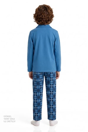 Erkek Çocuk Mavi Book Lovers Ekoseli Pamuklu Düğmeli Uzun Kollu Gömlek Pantolon Pijama Takımı
